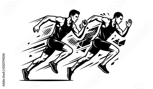 Foto Two male runners black and white sports illustration with athletic sprint action