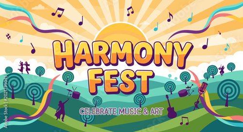 Vibrant Harmony Fest banner with musical notes, sunburst, rolling hills, and instruments, celebrating music and art.