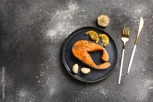 Plate of tasty salmon steak...