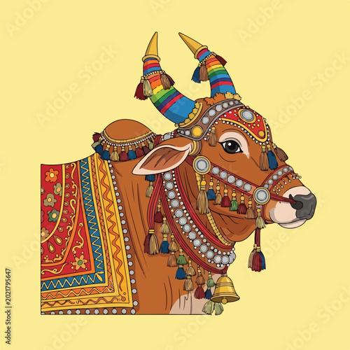 Billede på lærred A decorated cow's head with colorful adornments