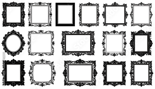 Collection of ornate black picture frames on a white background