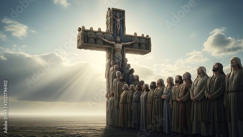 People gathered around large cross outdoors.