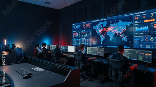 Professional cybersecurity operations center with monitoring screens, network security analysis, server performance metrics, threat detection, enterprise technology infrastructure, dark command center