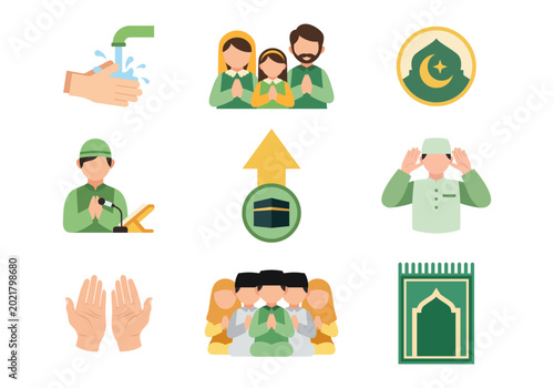 Billede på lærred Muslim Prayer and Worship Symbols with Family Imam Mosque and Ablution