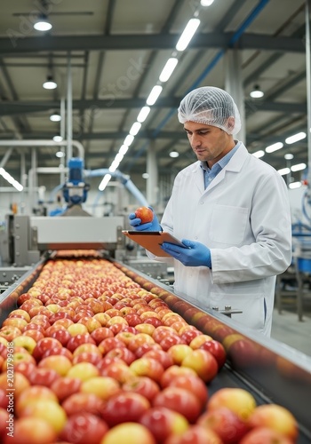 Professional Food Quality Inspector Checking Red Apples on Conveyor Be
