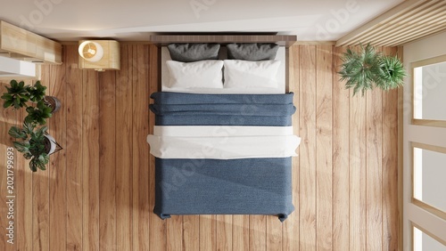 Cozy Minimalist Bedroom Top View.3d rendering.