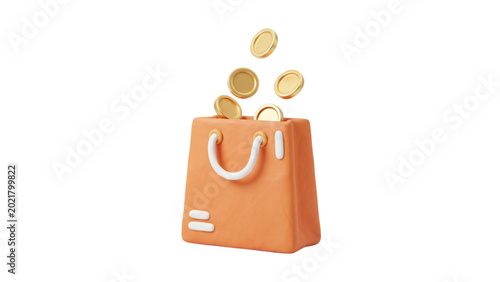 Isometric 3D illustration of a bright orange shopping bag with white handles and gold coins spilling out above it on a plain background.