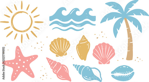 Schilderij op canvas Tropical summer beach icon set featuring sun waves palm tree starfish and assort