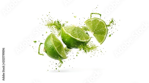 Vibrant lime slices bursting with freshness, showcasing citrus explosion on white background.