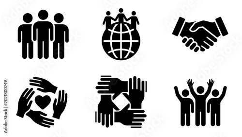 Modern icons illustrating cooperation, partnerships, teamwork, and global communication