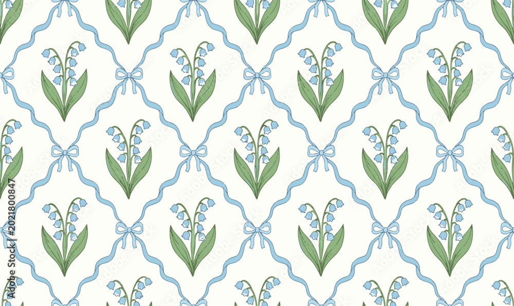 Fototapeta premium Seamless vintage floral pattern featuring delicate hand drawn lily of the valley flowers with blue ribbon trellis lattice vector illustration