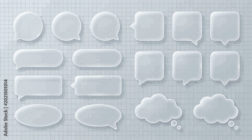© Kanon Islam - Modern transparent glassmorphism speech bubble set with frosted glass effect 3D glossy chat icons and message boxes for web vector illustration