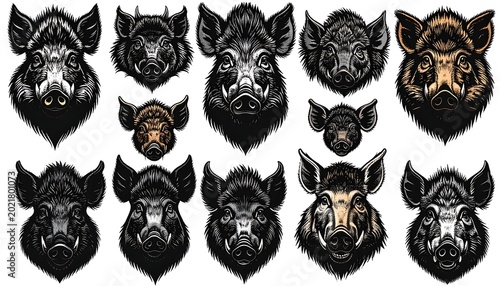 Collection of stylized illustrations of wild boar faces