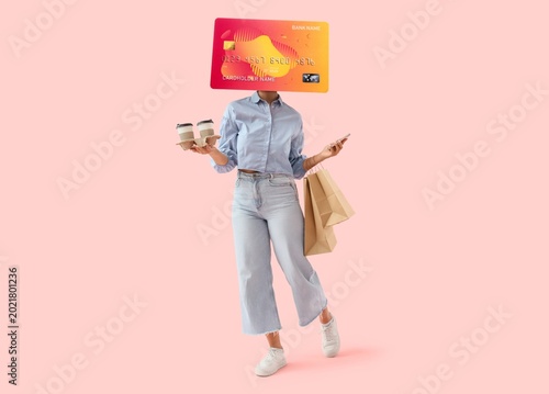 Cuadro en lienzo Going woman with credit card instead of her head, mobile phone, coffee and shopp
