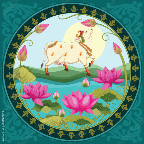 Indian Miniature art Sacred Pichwai Cow on a Lotus arrangement