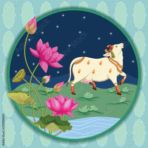 Indian Miniature art Sacred Pichwai Cow with Ornamental Lotus Design