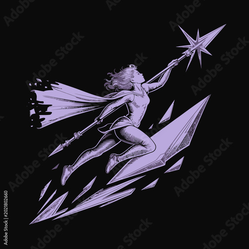 Bilde på lerret Woman superhero flying with spear weapon.