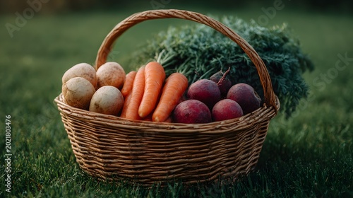 Wicker basket filled with potatoes carrots and beets on green grass.
