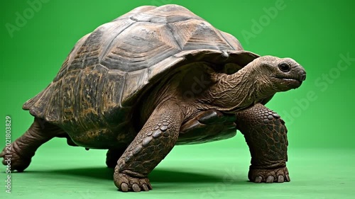 A large tortoise with a textured shell walking on a vibrant green background.