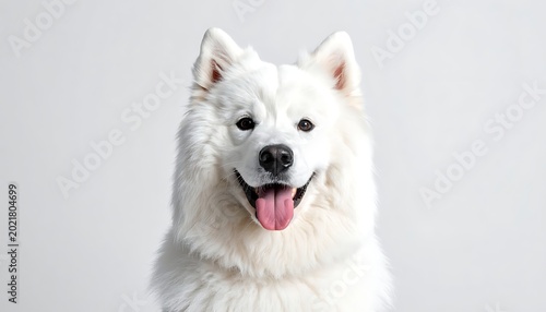 Happy white dog smiling face closeup.