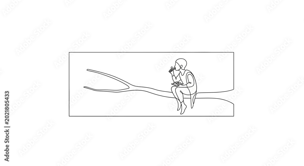 Fototapeta premium Child Sitting on Tree Branch Holding Flower, Minimalist Line Art Illustration