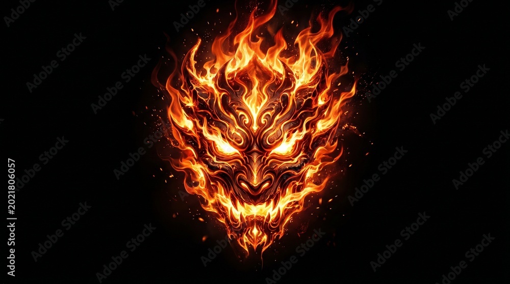 Fototapeta premium Fiery Demon Face With Glowing Eyes On A Black Background