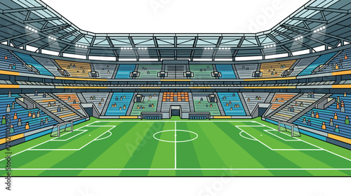 Empty Soccer Stadium with Green Field and Blue Seats - Illustration