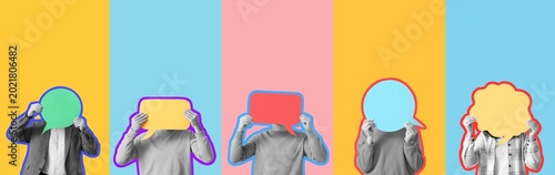 Foto Set of people hiding faces behind blank speech bubbles on color background