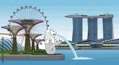Schilderij op canvas Merlion statue spouting water in Singapores iconic cityscape.