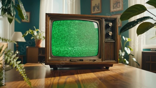 Vintage TV on wooden table with plants emphasizing sustainability and breathtaking natural wonder