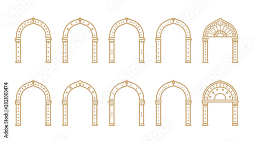 Vector illustration of a set of golden crosses and gates in a gold and white frame design featuring a yellow measuring tape tool and centimeter ruler symbols