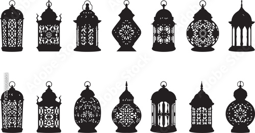 Vector illustration set featuring black silhouettes of a church, house, and iconic architecture landmarks like a temple and cathedral for a city skyline travel design