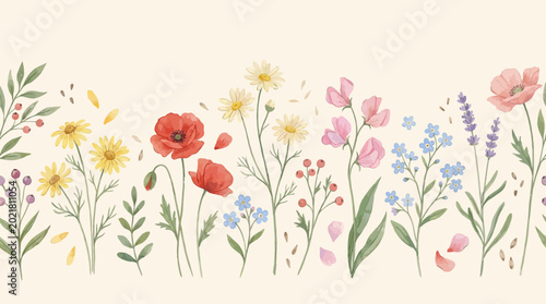 a delicate horizontal wildflower border illustration on a warm cream background