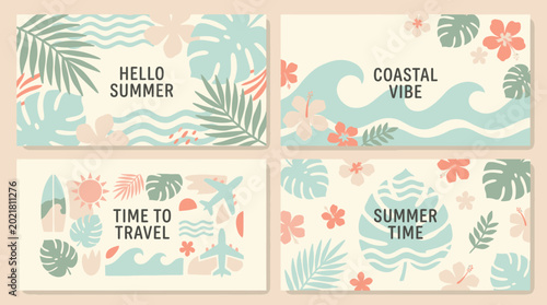 a set of four minimalist tropical summer banner designs on a warm cream background
