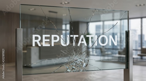Glass panel shattered with the word 