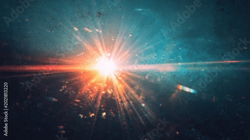 Dramatic celestial light burst with vibrant red and blue hues in artistic design