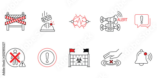 Construction site safety icons, falling objects, biohazard fence, alert sirens, and prohibited access symbols.Editable stroke, Vector illustration, Line art Icon, Symbols.