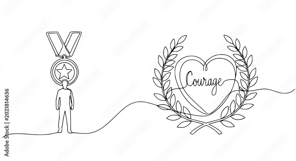 Fototapeta premium Single Line Drawing of Person with Medal and Heart Wreath Symbolizing Courage and Achievement