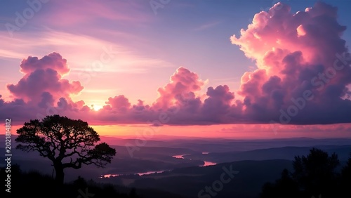 Serene sunset landscape with tree silhouette.