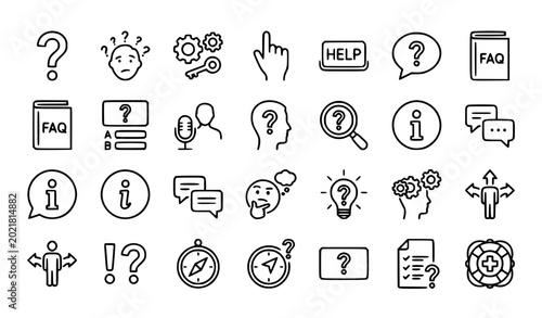Schilderij op canvas Question line icon set with help inquiry chat and problem solving vector collect