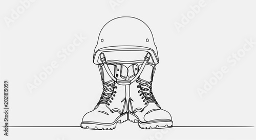 Tableau sur toile Military helmet and combat boots, symbol of soldier's sacrifice, minimalist line