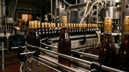 Production line of wine bottles on a conveyor belt in a winery factory environment