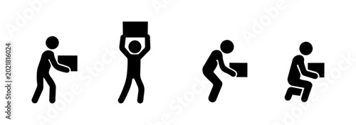 Stickman icon set, black silhouettes showing various postures of lifting and carrying boxes, manual labor, and package handling