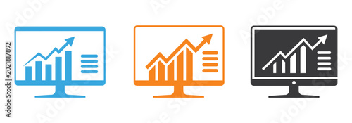 Photos Business analytics monitor icons with upward growth charts, representing financi