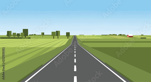 Tableau sur toile A long straight road through green fields and trees