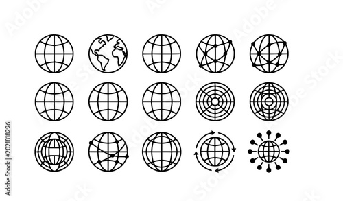 Linear world globe icon collection with modern global network symbols