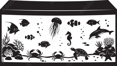 Black and white of aquarium with various sea creatures fish