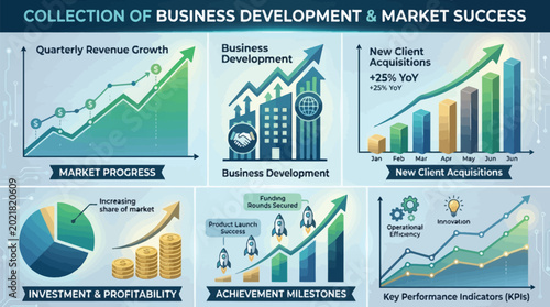 Tableau sur toile Business development infographic collection with market success and growth chart