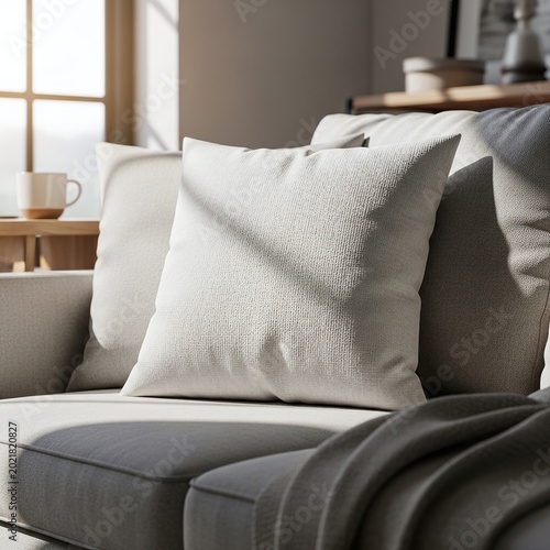 Cozy Minimalist Living Room Sofa with Soft Pillows and Warm Sunlight