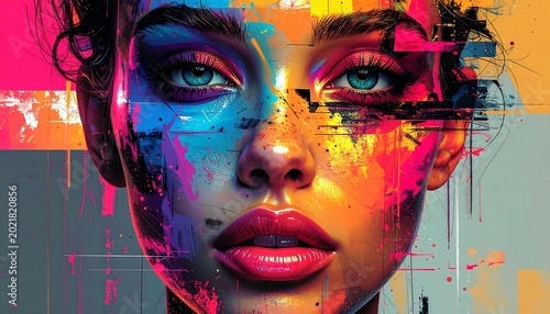 Colorful digital portrait, woman's face, abstract paint strokes